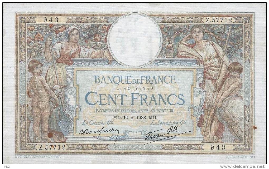 BANKNOTES FRANCE    1938 FRANCIA 100 FRANCS LUC OLIVIER MERSON - 100 F 1908-1939 ''Luc Olivier Merson''