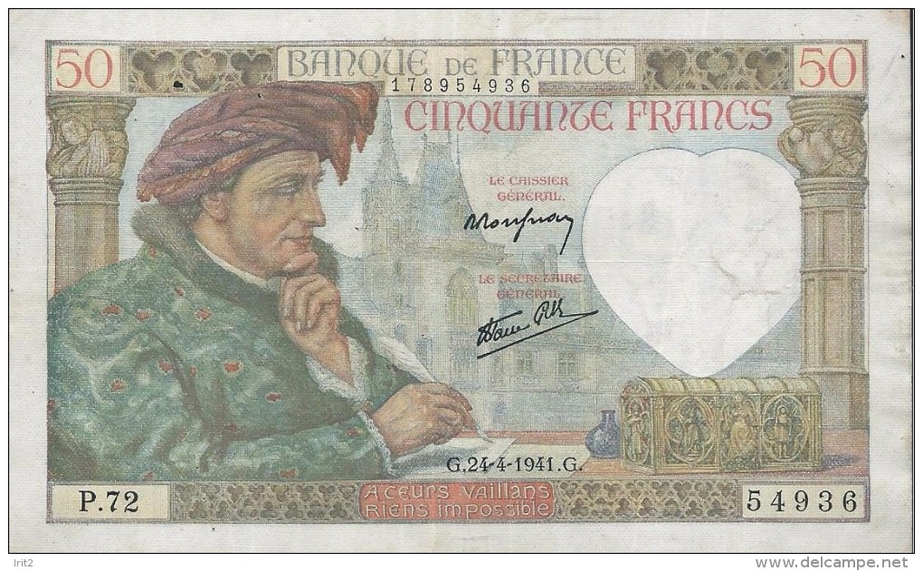 BANKNOTES FRANCE  1941 FRANCIA 50 FRANCS JACQUES COEUR - 50 F 1940-1942 ''Jacques Coeur''