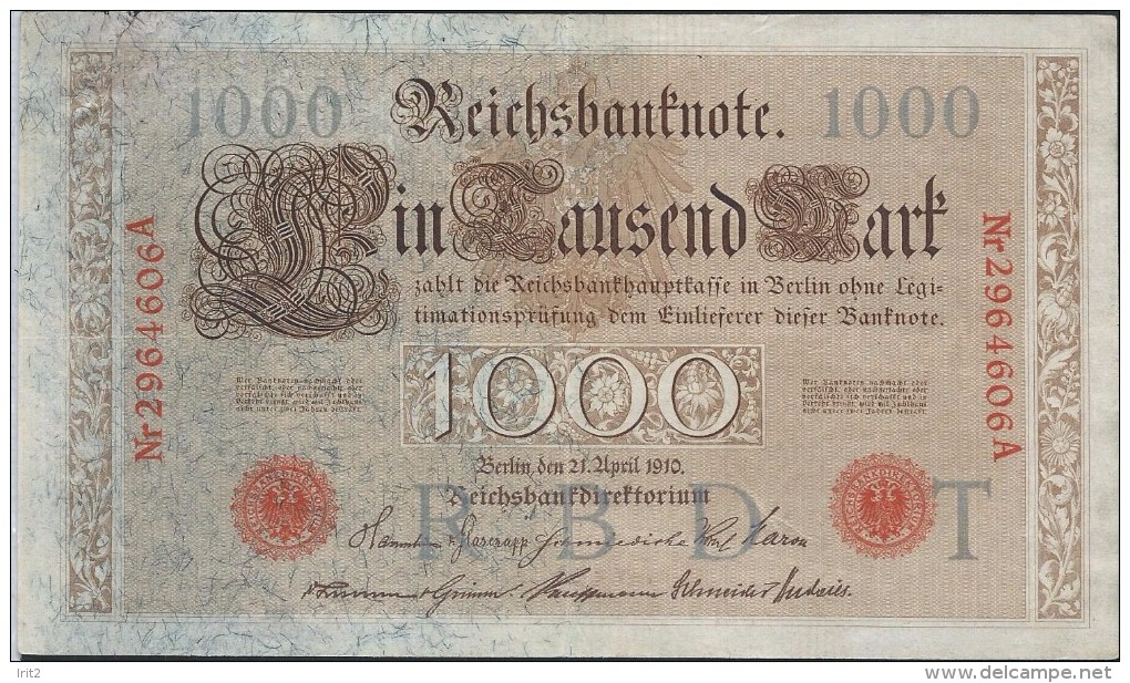 BANKNOTES GERMANY DEUTSCHLAND 1910 REICHSMARK 1000 MARKS - 1000 Mark
