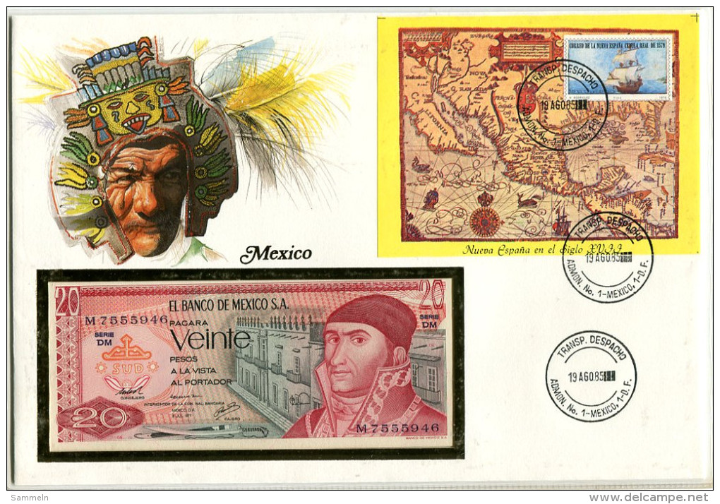 A145 - MEXIKO - Banknotenbrief Mit 20 Pesos Und Briefmarken-Block - Mexiko