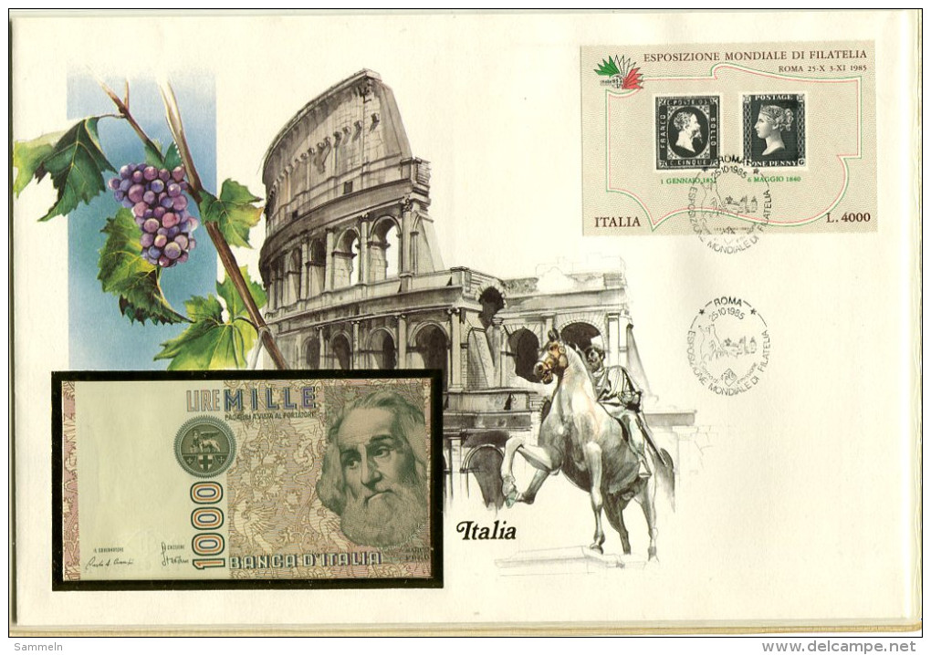 A136 - ITALIEN - Banknotenbrief Mit 1000 Lire Und Briefmarken-Block 1 FDC - Blocks & Kleinbögen