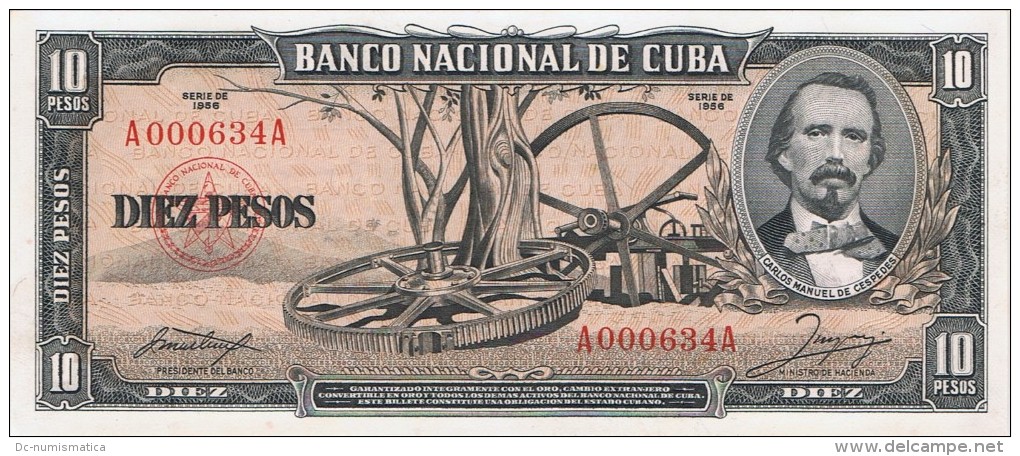 1956 - 10  PESOS  - SERIE # A000634A LOW -  UNCIRCULATED ( SIN CIRCULAR ) SCARCE DIFICIL. - Cuba