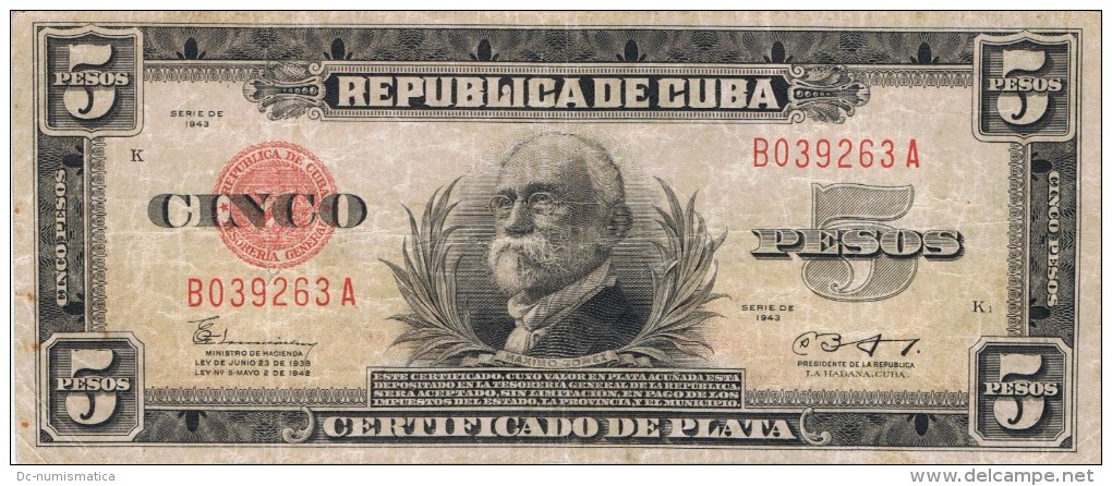 1943 - 5 PESOS  # B039263A  - RARE - " LA REPUBLICA " ESCARCE  ( SCARCE ) - Cuba