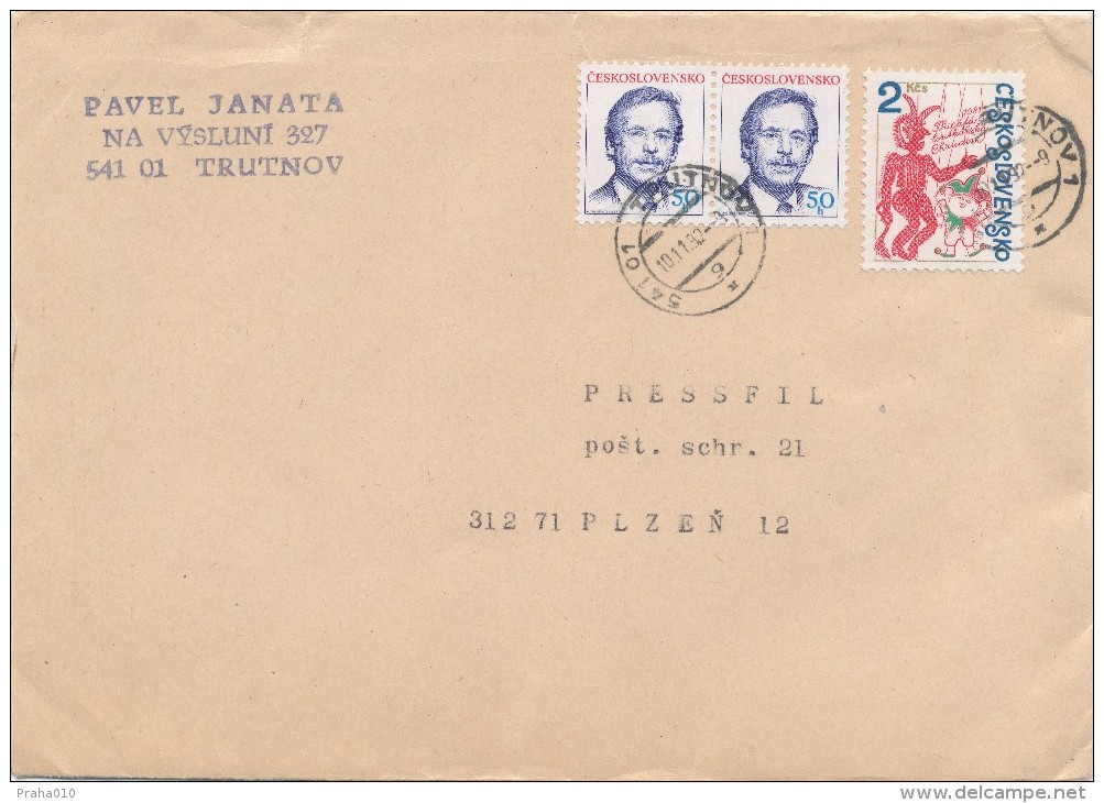 K1377 - Czechoslovakia (1992) 541 01 Trutnov 1 (letter) Stamp: 2 Kcs - 30th Puppeteer Chrudim; 50h - Vaclav Havel - Puppets