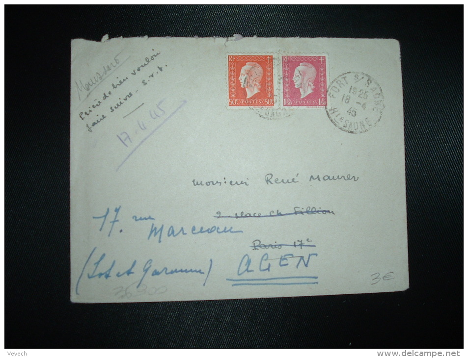 LETTRE TP MARIANNE DE DULAC 1F50 + TP 50c OBL.18-4-45 FORT S/SAONT (70 HAUTE-SAONE) - 1944-45 Marianne De Dulac