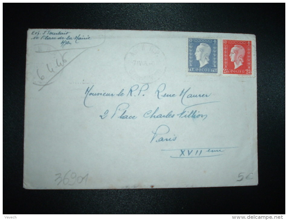 LETTRE TP MARIANNE DE DULAC 2F40 + TP 60c OBL.MEC.7 IV 46 AGEN RP LOT-ET-GARONNE (47) - 1944-45 Maríanne De Dulac