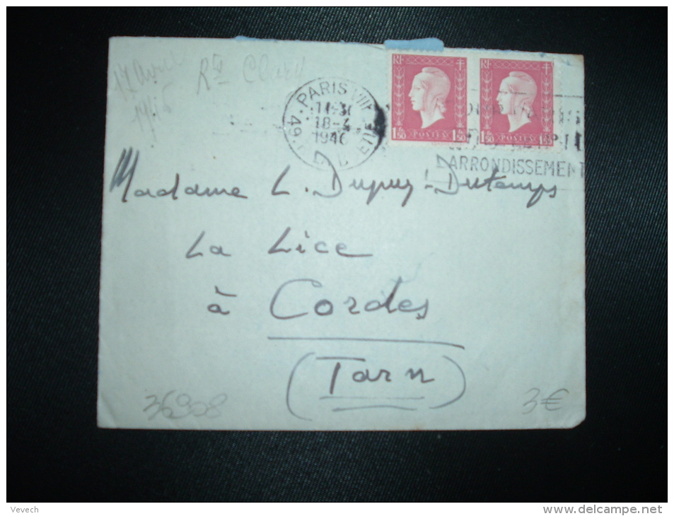 LETTRE TP MARIANNE DE DULAC 1F50 X2 OBL.MEC.18-4-1946 PARIS VIII - 1944-45 Marianne De Dulac