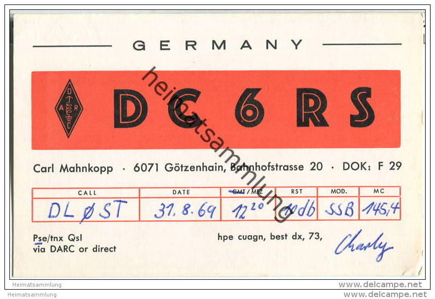 QSL - QTH - Funkkarte - DC6RS - Götzenhain - 1969 - CB