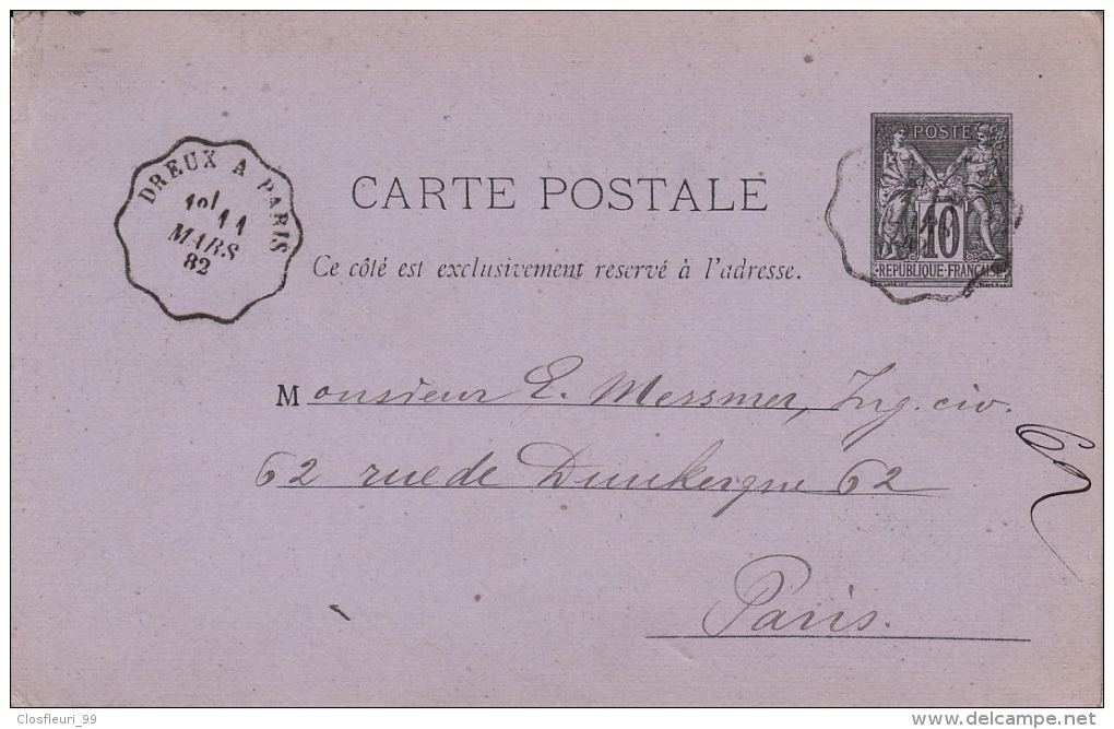 Cachet Gare Ou Convoyeur Ondulé Sur Entier Postal : Dreux à Paris 11mars 1882 - 1877-1920: Semi-moderne Periode