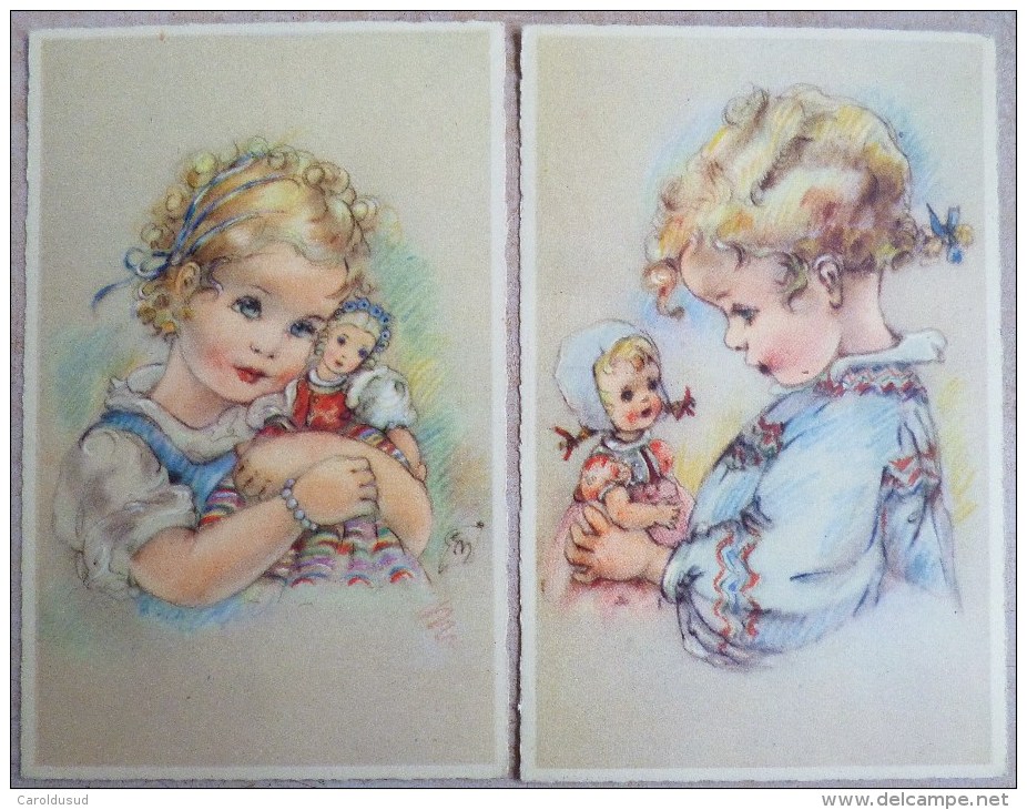 Lot 2x Litho Illustrateur Signé Erna Maison COLOPRINT SPECIAL N° 4217 ET 4219 Fille Fillette Et Jolie Poupee - Games & Toys