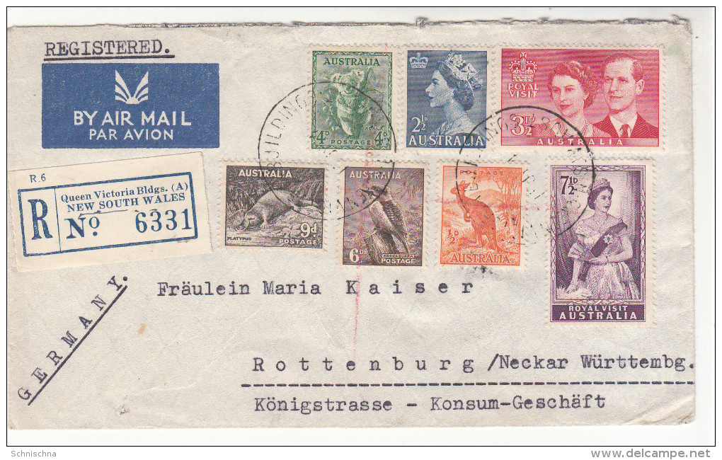 Australien, Luftpost Einschreibe Brief-Kuvert, NSW Queens Victoria Buildings Nach Rottenburg, Gelaufen 1954 - Briefe U. Dokumente