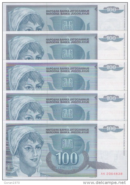 YUGOSLAVIA 100 Dinara  1992   P-112   UNC  X 5 Pcs. - Yougoslavie