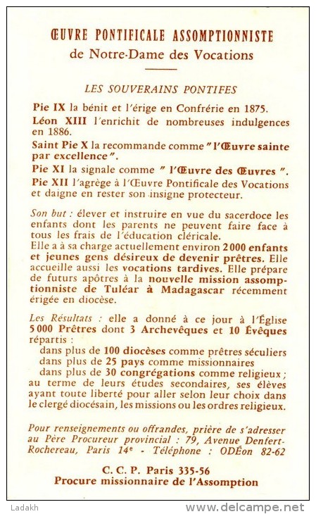 CHROMO IMAGE PIEUSE # &OElig;UVRE PONTIFICALE ASSOMPTIONNISTE NOTRE DAME VOCATIONS # VIERGE # SOUVERRAINS PONTIFES - Devotion Images