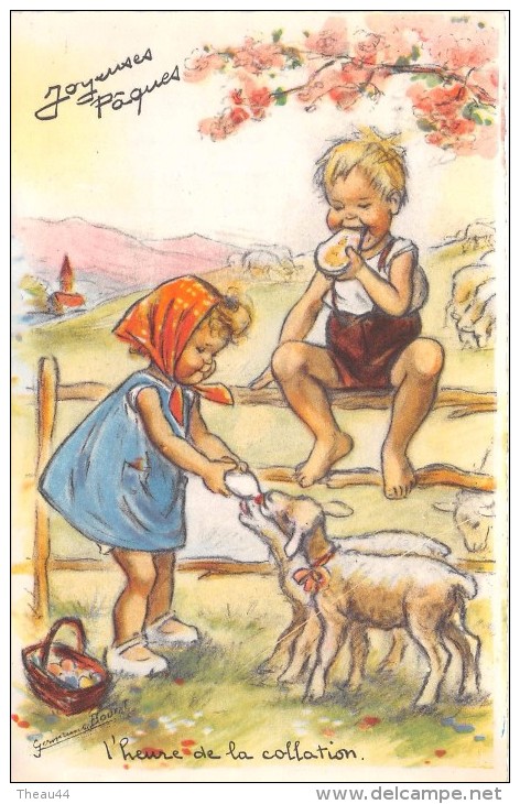 ¤¤  -  Illustrateur  " Germaine BOURET "   -  Heureuse Pâques  -  L'Heure De La Collation   -  Moutons  -  ¤¤ - Bouret, Germaine