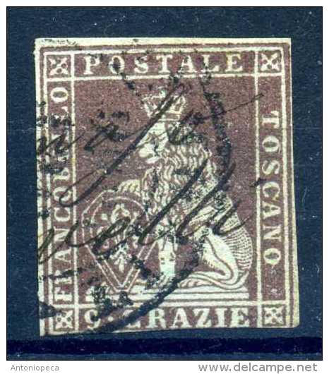 ITALIA - ANTICHI STATI 1851-52 TOSCANA 9 CRAZIE BRUNO VIOLACEO SU GRIGIO VIAGGIATO SASSONE 8 - Toskana