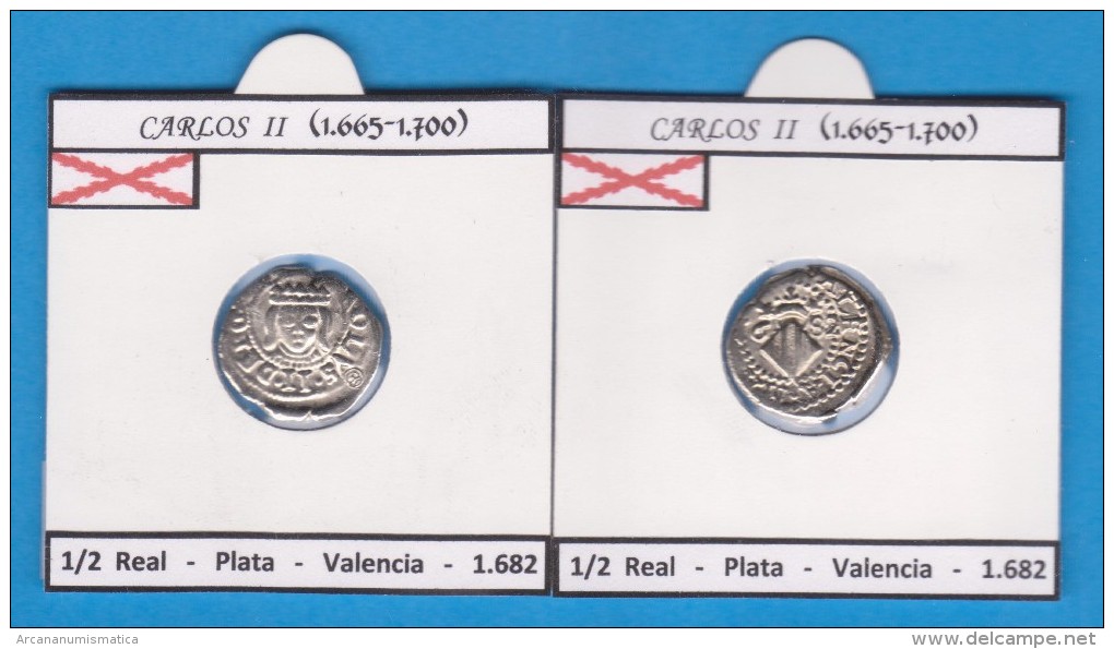 CARLOS II (1.665-1.700) 1/2 Real 1.682   Plata   Valencia   SC/UNC  Réplica   T-DL-11.396 - Prove & Monete Ribattute