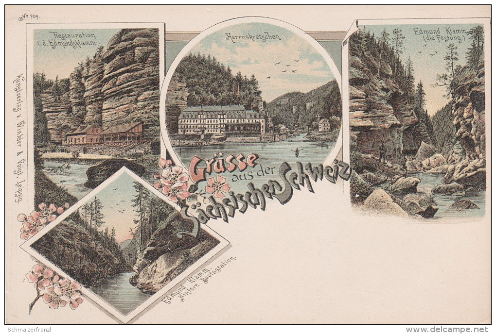 Litho AK Gruss Sächsischen Schweiz Herrnskretschen Hrensko Gasthaus Edmundsklamm Bei Rainwiese Stimmersdorf Tetschen - Sudeten