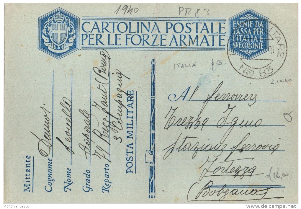 1940 CARTOLINA PER LE FORZE ARMATE POSTA MILITARE 83 PER Fortezza(Bolzano) - Storia Postale