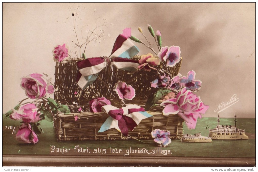 Carte Patriotique De 191? - Panier Fleuri, Suis Leur Glorieux Sillage - Fleurs - Militaire - Noeudss Tricolores - Bateau - Patriotiques