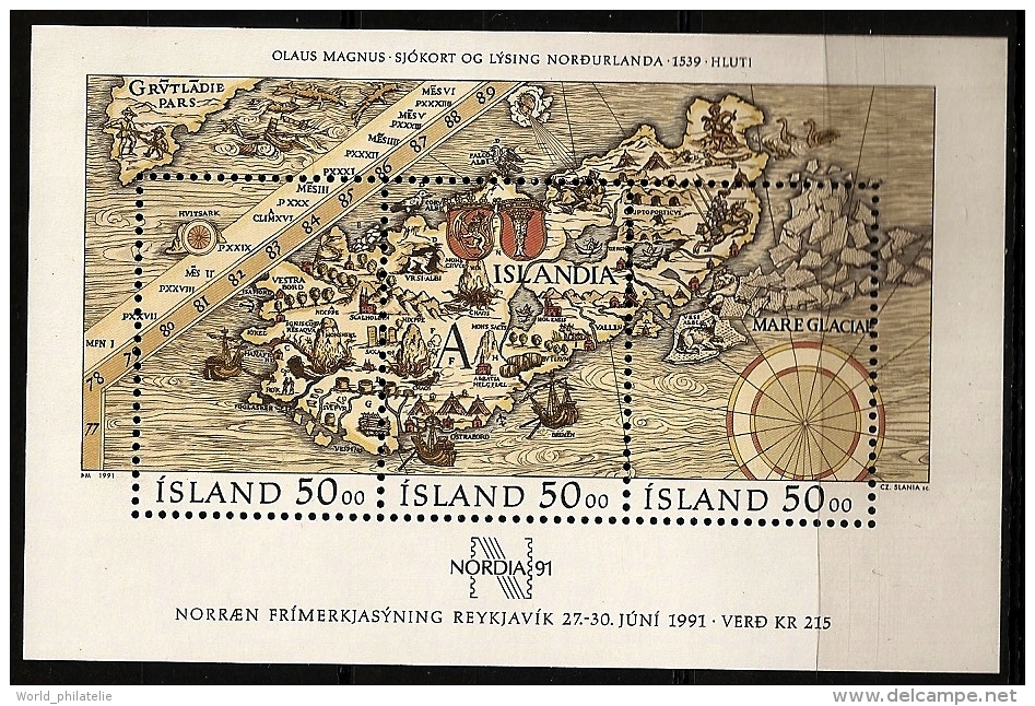 Islande Island 1991 N° BF 12 ** Carte, Olaus Magnus, Océan Arctique, Bateau, Ancre, Cheval, Tonneau, Bœuf, Ours, Kayak - Neufs