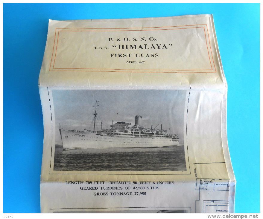 TSS HIMALAYA - FIRST CLASS 1957. DECK PLAN - British Shipping Co. P&O * Peninsular And Oriental Steam Navigation Company - Sonstige & Ohne Zuordnung