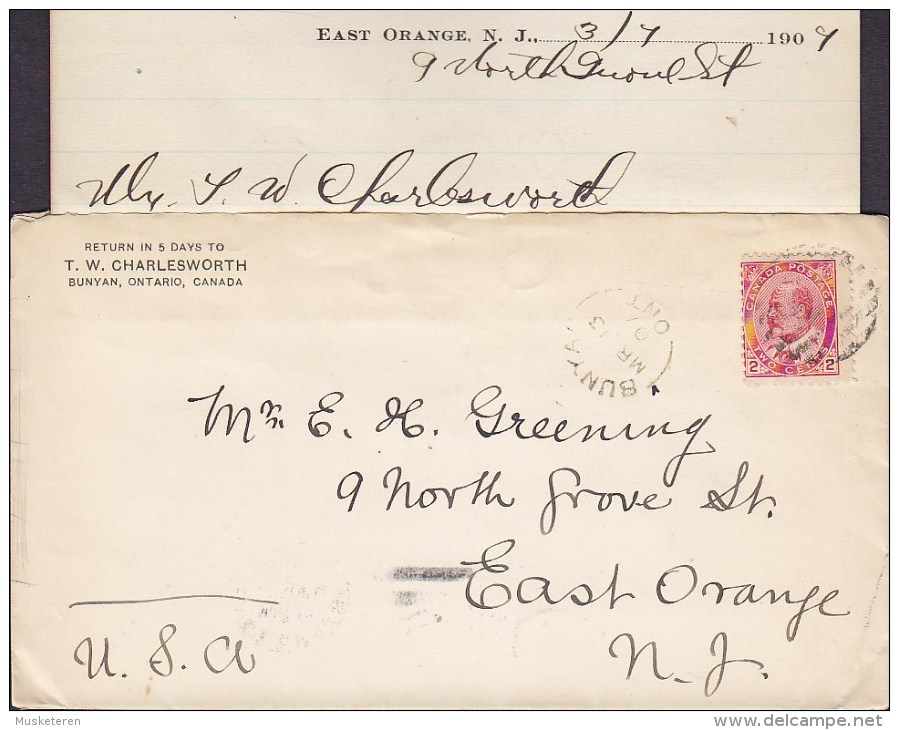 Canada T. W. CHARLESWORTH, BUNYAN Ontario 1907 Cover Lettre EAST ORANGE N. J. USA Edward VII. Stamp (2 Scans) - Lettres & Documents