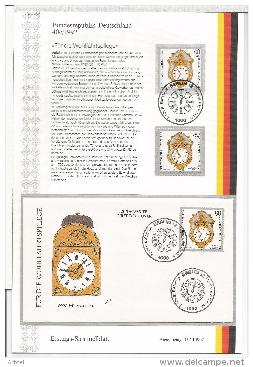 ALEMANIA 1992 DOCUMENTO CON SELLO MAT Y FDC RELOJ RELOJERIA TIEMPO - Relojería