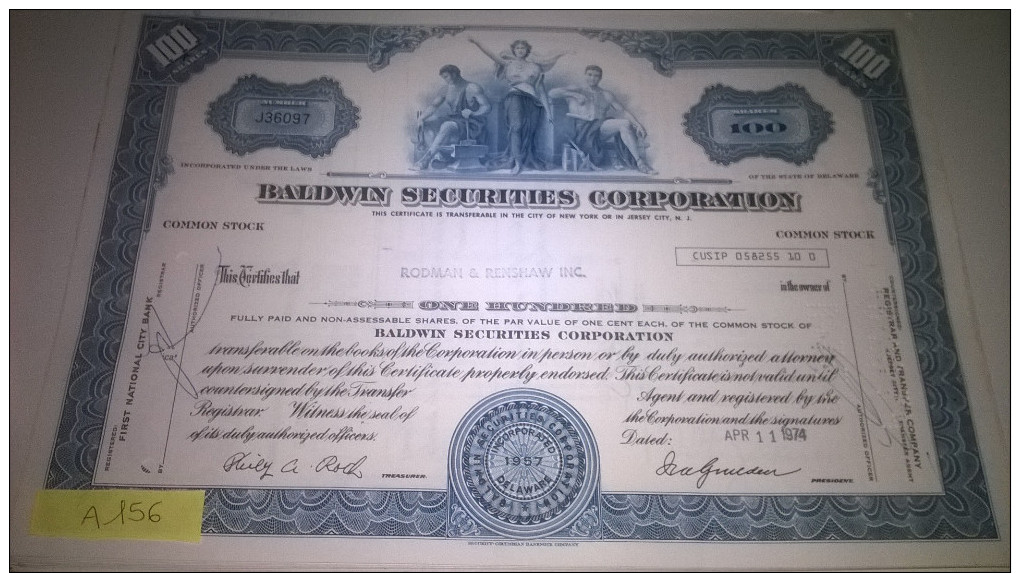 A156) AZIONI AMERICANE 1974 BALDWIN SECURITIES CORPORATION   ONE HUNDRED - Industrie