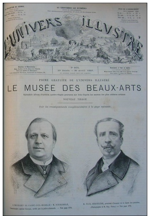 UNIVERS 1887 N°1675:PAGNY-SUR-MOSELLE INCIDENT DEROULEDE-SCHNAEBELE/PARI S CIRQUE D'ETE/POINTE D'AILLY NAUFRAGE"VICTORIA - 1850 - 1899