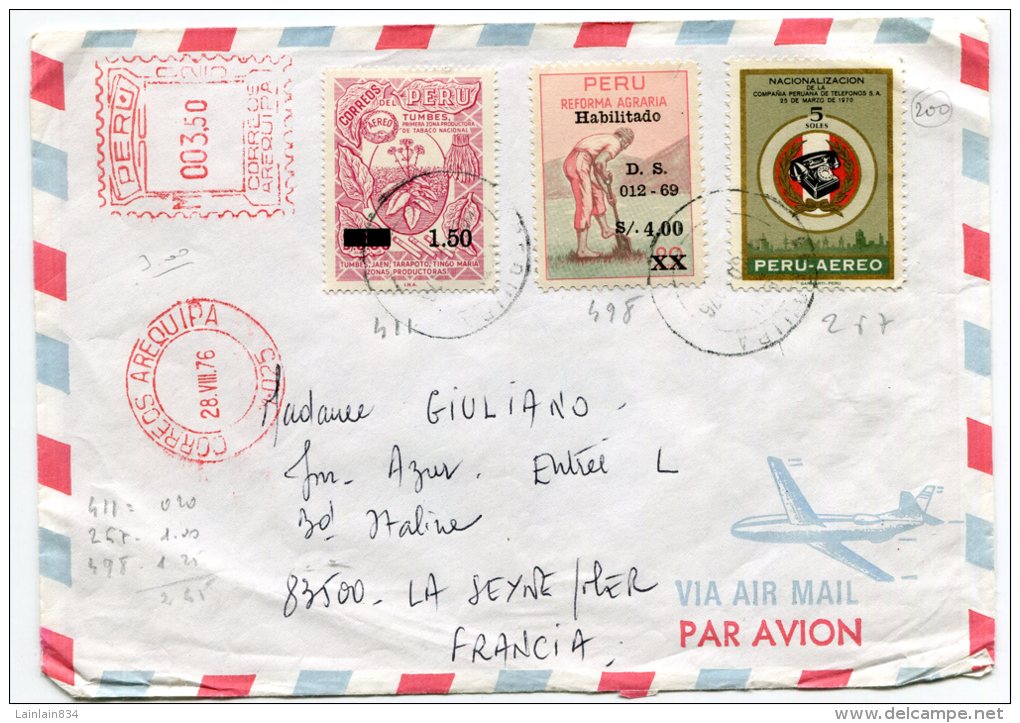 - Cover PEROU - 1976, 3 Stamps, Dont 2  Surchargés, Par Avion, To La Seyne Sur Mer, TBE, Scans.. - Pérou