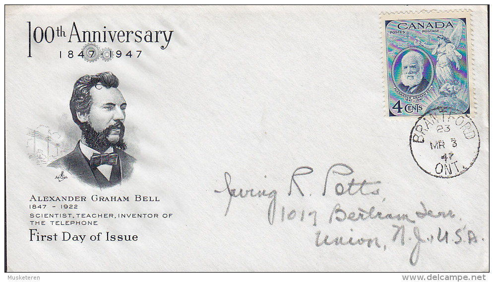 Canada Premier Jour Lettre FDC Cover 1947 Alexander Graham Bell Scientist Teacher Inventor Of Telephone Telefon - ....-1951