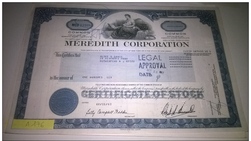 A176) AZIONI AMERICANE 1983 MEREDITH CORPORATION   ONE  HUNDRED SIX - Industrie