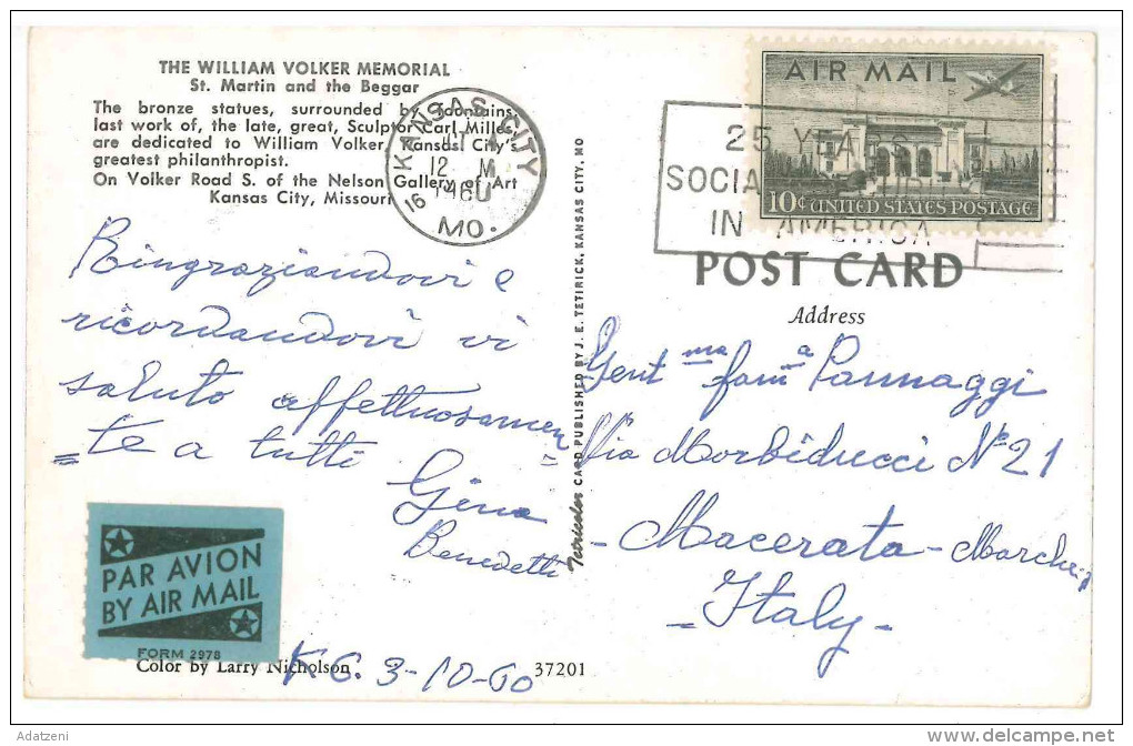 FRA CARTOLINA POST CARD STATI UNITI D’AMERICA U.S.A. UNITED STATES OF AMERICA KANSAS CITY, MISSOURI – THE WILLIAM VOLKER - Kansas City – Missouri