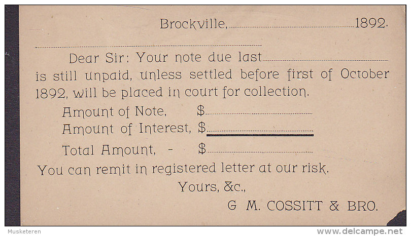 Canada Postal Stationery Ganzsache Entier PRIVATE Print G. M. COSSITT & BRO, BROCKVILLE Ont. 1892 (2 Scans) - 1860-1899 Reign Of Victoria