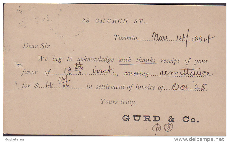 Canada Postal Stationery Ganzsache Entier PRIVATE Print GURD & Co., TORONTO Ontario 1884 BROCKVILLE Ont. (2 Scans) - 1860-1899 Reign Of Victoria
