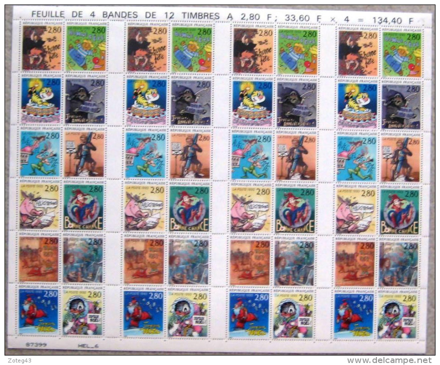 FRANCE 1993 LE PLAISIR D'ECRIRE VU PAR 12 AUTEURS DE BANDES DESSINEES  FEUILLE DE 4 BANDES DE 12 TIMBRES 2836 A 2847** ; - Feuilles Complètes