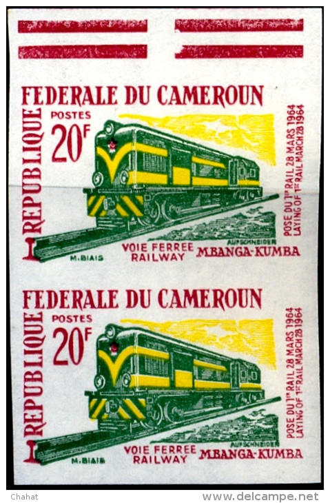 RAILWAYS-TRAINS-LAYING OF 1st RAIL TRACK-IMPERF PAIR-DIESEL LOCOMOTIVE-CAMEROUN-1964-SCARCE-MNH-A6-647 - Treni