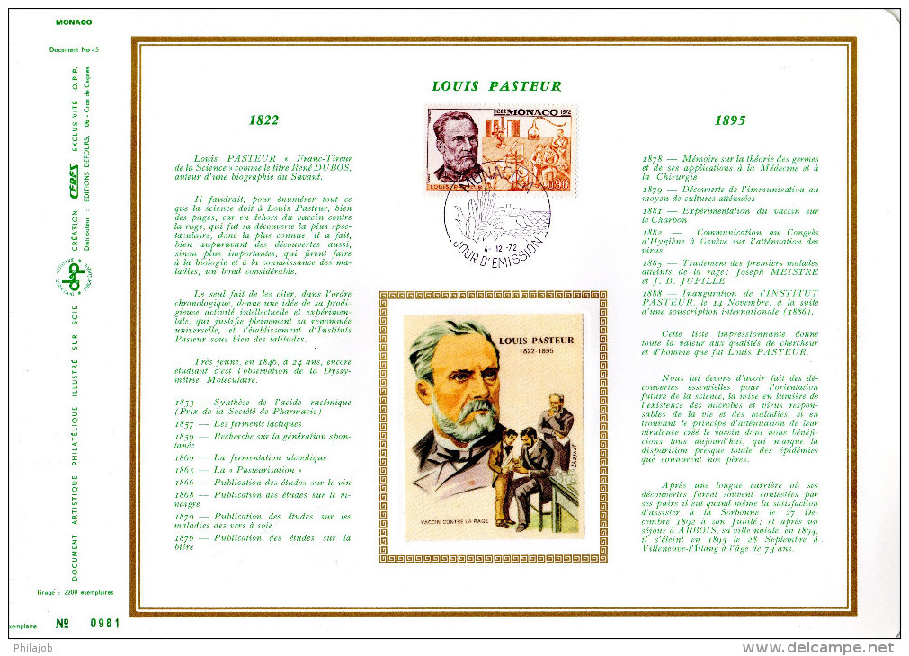 (2200 Ex)  MONACO 1972 : Doc Artistique Philatélique 1er Jour N°té En Soie " LOUIS PASTEUR " N° YT 913. FDC - Louis Pasteur