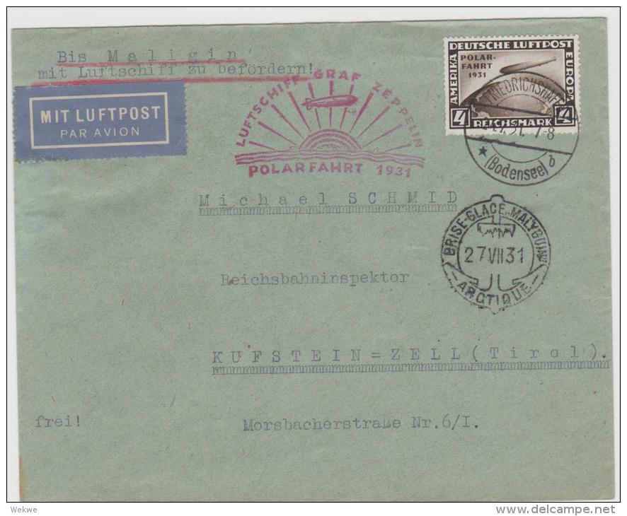 W-L004a /  Deutsches Reich -Zeppelin PolarFahrt  2.7.1931 , 4 RM Als SELTENE Einzelfrankatur, N. Kupferstein-Zell (Tirol - Briefe U. Dokumente