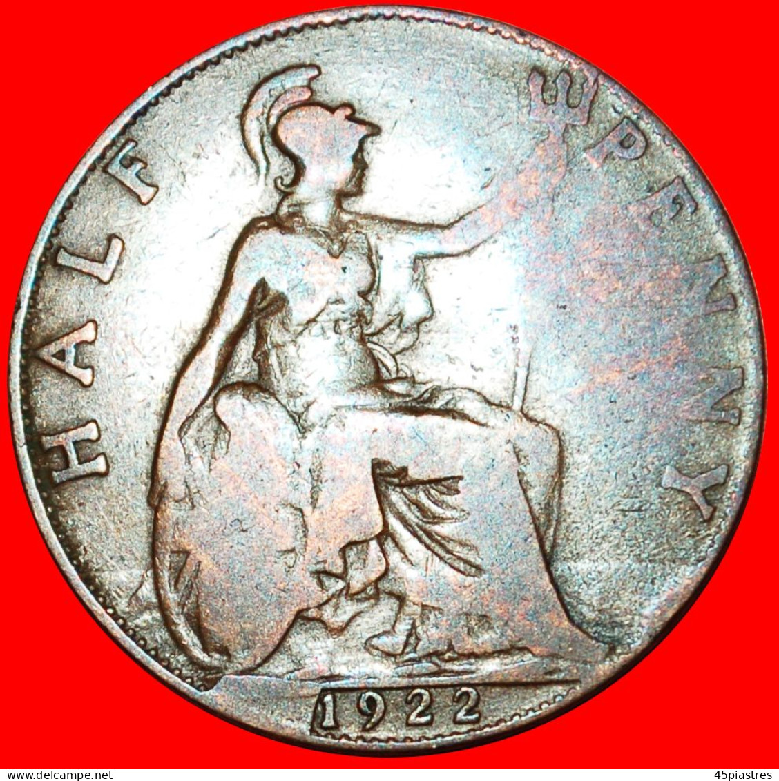 * MISTRESS OF SEAS: GREAT BRITAIN  HALF PENNY 1922! GEORGE V (1911-1936) RARE STYLE! LOW START  NO RESERVE! - C. 1/2 Penny
