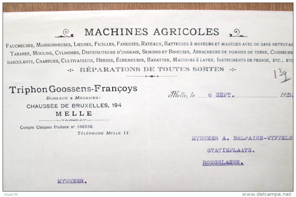 Machines Agricoles, Triphon Goosens-Françoys, Chaussée De Bruxelles, Melle 1933 - 1900 – 1949