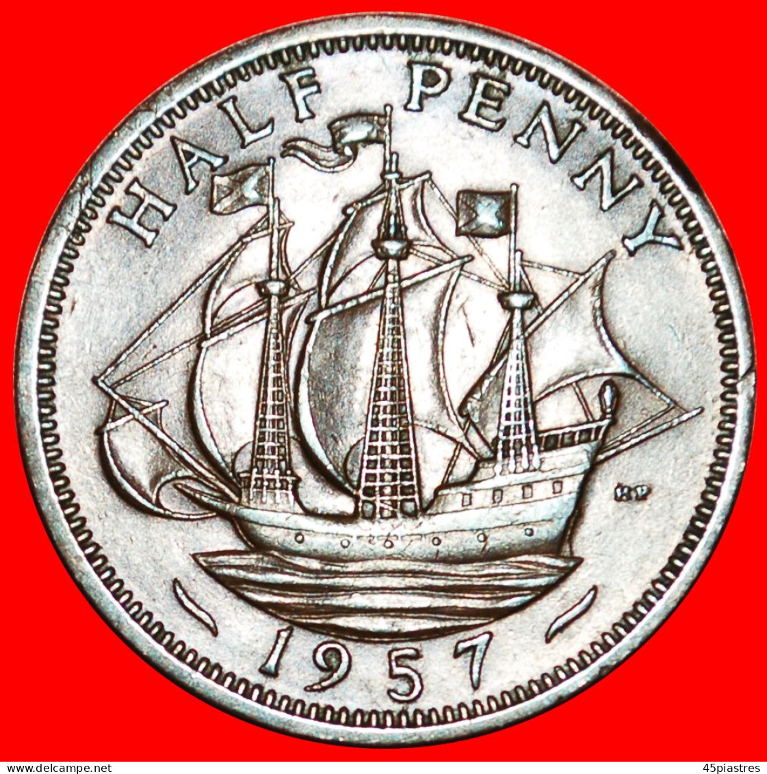 • SHIP: GREAT BRITAIN ★ HALF PENNY 1957! INTERESTING TYPE! CALM SEA! LOW START &#9733;NO RESERVE! - C. 1/2 Penny