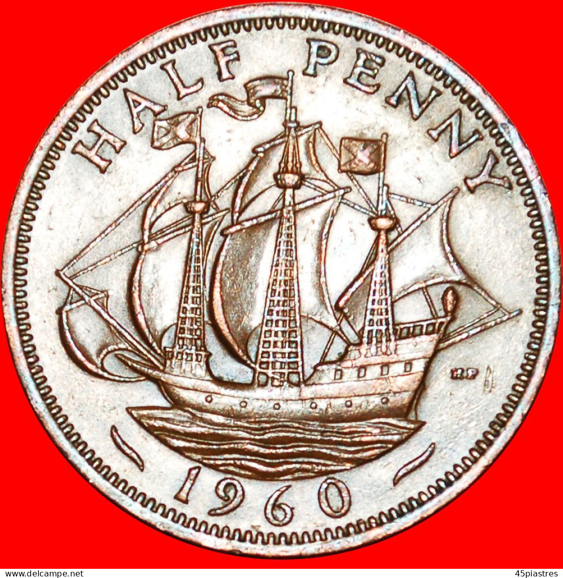 &#9733;SHIP Golden Hind: UNITED KINGDOM&#9733; HALF PENNY 1960!  LOW START &#9733;NO RESERVE! - C. 1/2 Penny