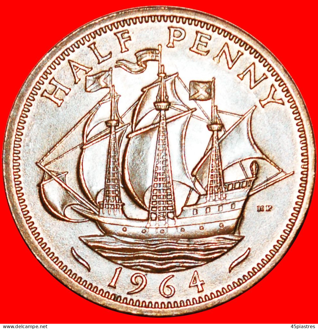 * SHIP (1937-1970): GREAT BRITAIN  HALF PENNY 1964! ELIZABETH II (1953-2022)  LOW START NO RESERVE! - C. 1/2 Penny