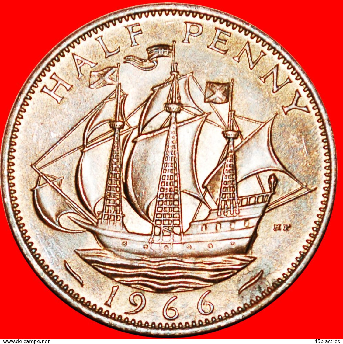 * SHIP (1937-1970): GREAT BRITAIN  HALF PENNY 1966 MINT LUSTRE! ELIZABETH II (1953-2022)  LOW START NO RESERVE! - C. 1/2 Penny