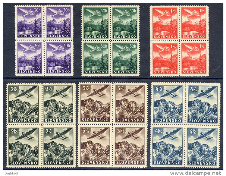 SLOVAKIA 1939 Airmail Set Of 6 In Blocks Of 4  MNH / **.  Michel 48-53 - Ungebraucht