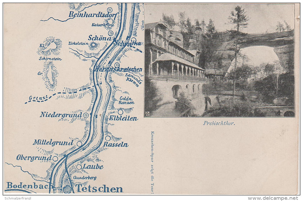 Litho Landkarte AK Prebischtor Böhmische Schweiz Herrnskretschen Elbleiten Rasseln Laube Obergrund Niedergrund Tetschen - Sudeten