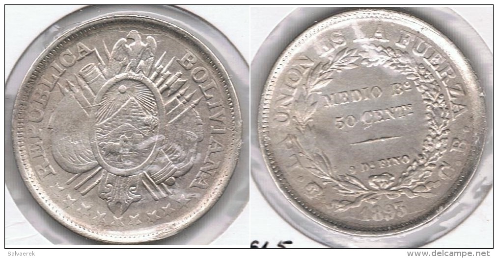 BOLIVIA  MEDIO BOLIVIANO 1893 PLATA SILVER  T - Bolivie