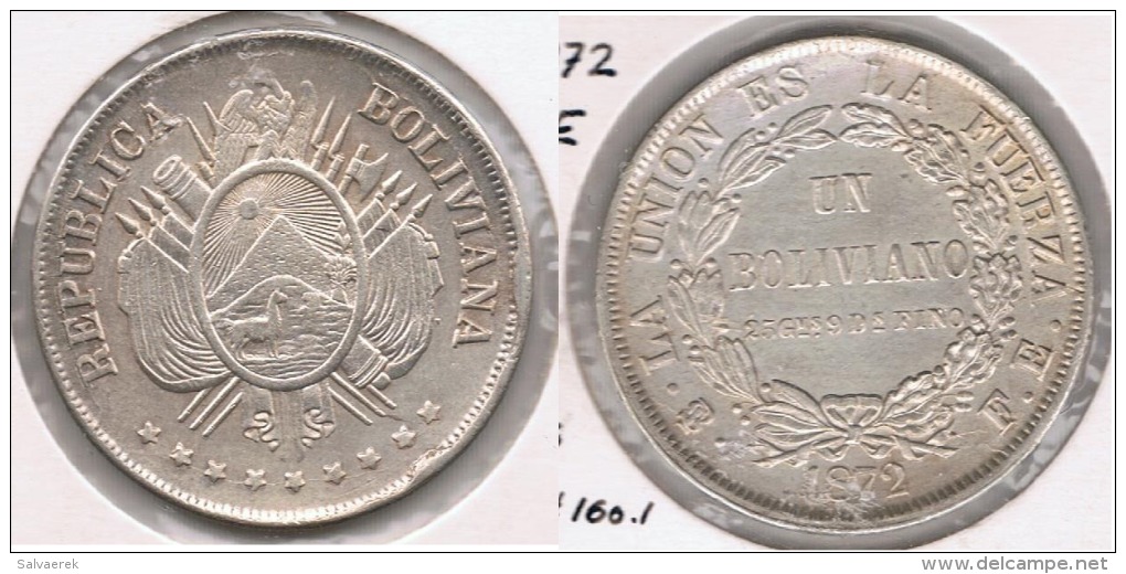 BOLIVIA BOLIVIANO 1872 PLATA SILVER BONITO T - Bolivia