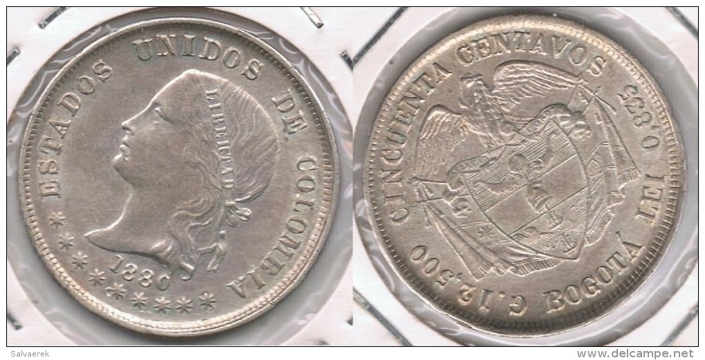 COLOMBIA 50 CENTAVOS PESO BOGOTA 1880 PLATA SILVER T IMPRESIONANTE - Colombia